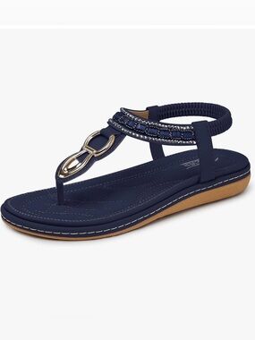 Casual Blue Summer Beaded Slip On Sandals with Gold Accents Women’s Size 10
